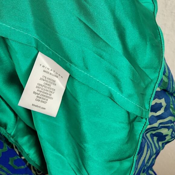 Trina Turk NWT Aziza Midi Dress Majorelle Blue Green Printed Ruffle Empire 8 - Picture 9 of 14